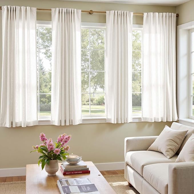 jinchan Lined Linen Curtains Privacy Back Tab 50x72 Inch 2 Panels Set White | Light Filtering Curtains with White Privacy Liner, Cottage Core Farmhouse Curtains for Living Room, Rod Pocket 72 Inch Length