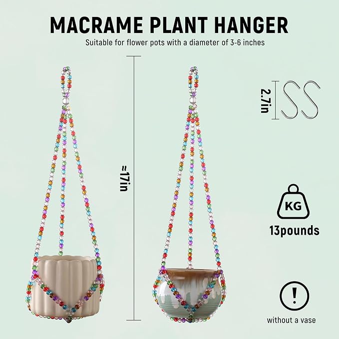 17''，2 Pack Macrame Plant Hanger, Handmade Glass Bead Plant Hanger Colorful Decorative Bohemian Hanging Planter Holder for Indoor and Outdoor Home Garden Decor. Includes Two Hooks.