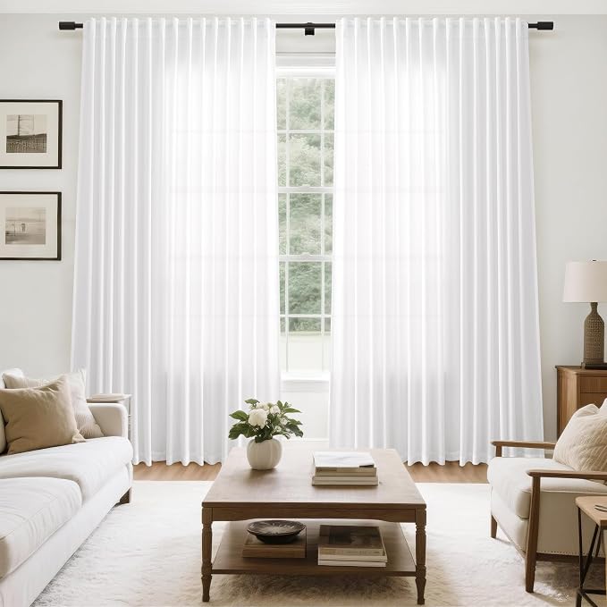 Extra Wide Linen Curtains for Living Room 108 Inch Length for Room Divider White Rustic Farmhouse Drape Rod Pocket Back Tab Light Filtering Bedroom Window Curtain for Sliding Door 100x108