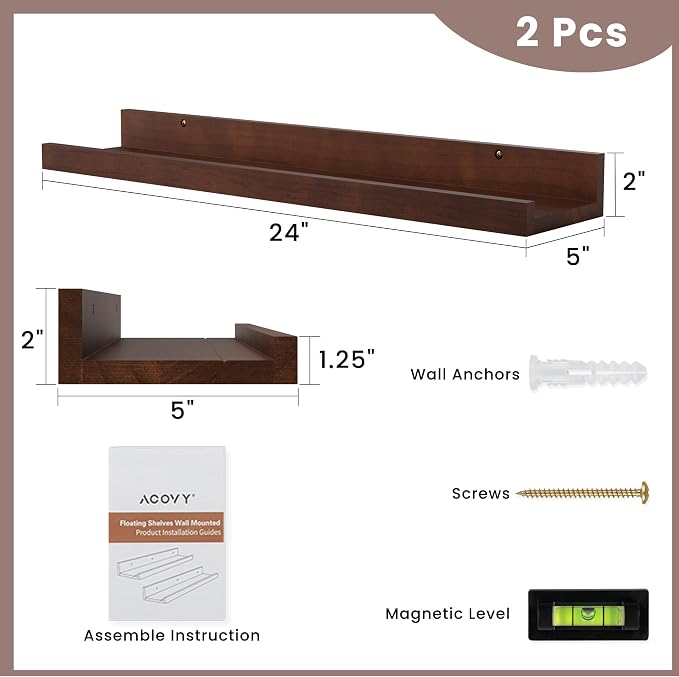 Acovy Floating Shelves for Wall, 24 inch Solid Wood Picture Ledge Shelf, Picture Shelf for Wall with Ledge, Floating Book Shelves for Living Room Bedroom Kitchen Nursery Decor, Walnut, Set of 2