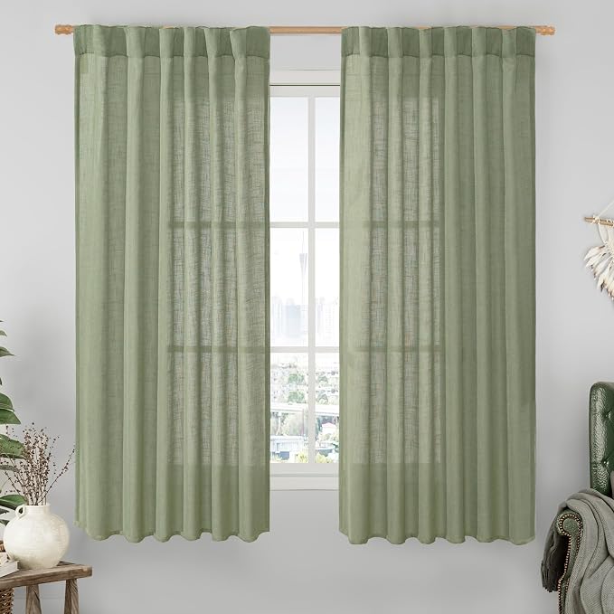 Sage Green Semi Sheer Linen Curtains 60 Inch, Light Filtering Panels | Window Treatment, Bedroom Panels, Farmhouse Boho, Curtains for Living Room, Rod Pocket Back Tab, 2 Panels, 52 x 60 Inch
