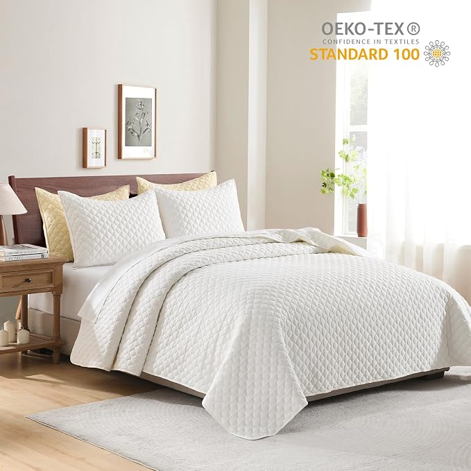 HORIMOTE HOME Cream Quilt King Size, Lightweight Quilt for Summer Ultra-Soft Microfiber Modern Style Quilted Clouds Pattern Bedspread Quit Set 3 Pieces (1 Quilt and 2 Pillow Shams)