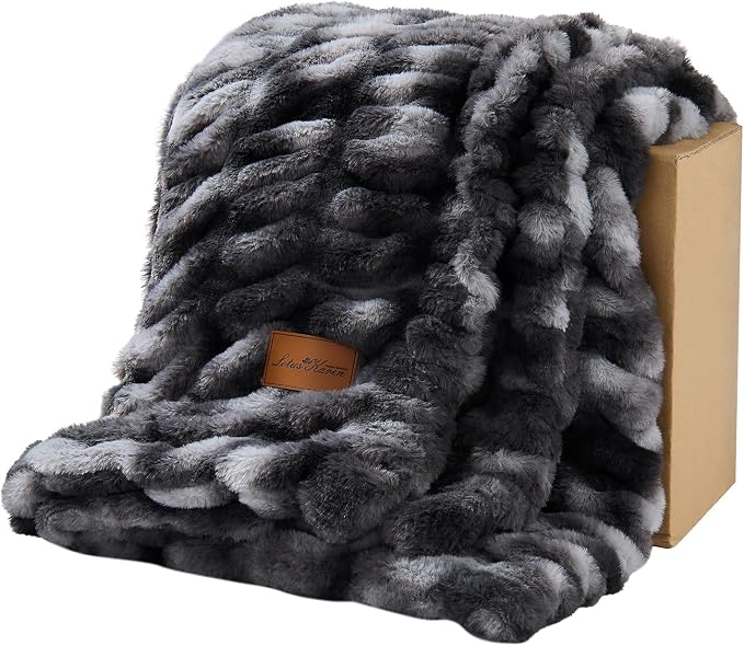 Lotus Karen Faux Fur Throw Blanket, 900 GSM Dual-Sided Soft Ruched Fluffy Blanket for Couch, Cozy Fuzzy Plush Throw Gifts for Women Man Bedroom Living Room (Tie-Dye Black, 50"x60")