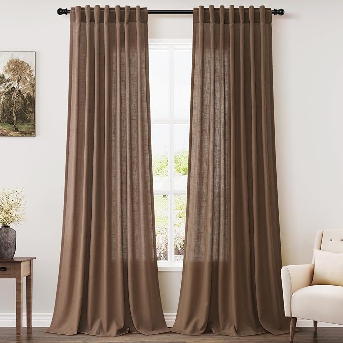 Caramel Brown Linen Curtains 96 Inches Long for Living Room Rod Back Tab Burlap Textured Linen Drapes Vintage Rustic Farmhouse Light Filtering Curtain 96 Inch Length for Dinning Room Bedroom 52x96