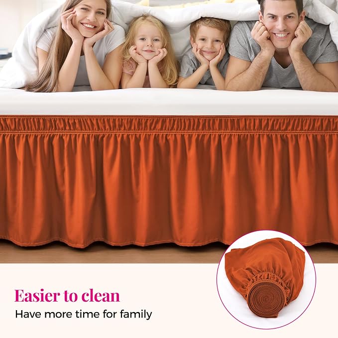 Orange Yellow Bed Skirt Queen 15" Drop, Elastic Wrap Around Bedskirt | Solid Ruffled, Easy to Use, No Mattress Lifting, Wrinkle & Fade Resistant, with Adhesive Strips, Machine Wash/Dry/Iron