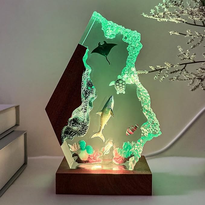 Handmade Shark Resin Ocean Lamp with Woodden Base