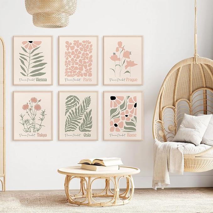 Baccone Boho Botanical Wall Art Prints Blush Pink Canvas Wall Decor Flower Market Wall Art Poster Abstract Aesthetic Pictures Pink Floral Artwork for Room Bedroom Set of 6 8x10 Inch Unframed