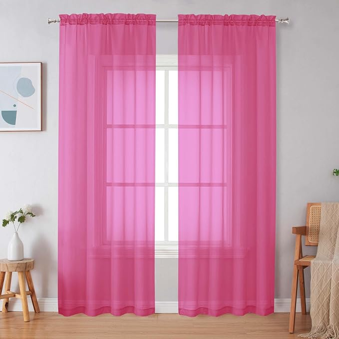 Simplebrand Hot Pink Sheer Curtains 84 Inches Long, Light Filtering Rod Pocket Solid Color Window Sheer Curtain Panels, Elegant Curtains & Drapes for Living Room, Bedroom 2 Panels 42" W x 84" L