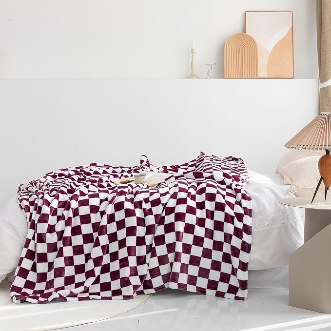 LOMAO Throw Blankets Flannel Blanket with Checkerboard Grid Pattern Soft Throw Blanket for Couch, Bed, Sofa Luxurious Warm and Cozy for All Seasons (Burgundy, 60"x80")