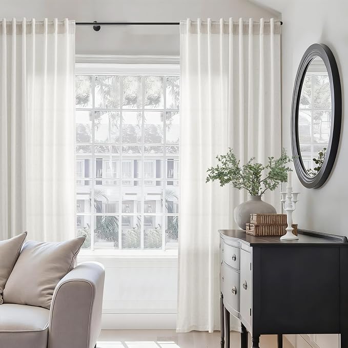 Jowels 70 Inch Extra Wide Natural Linen Curtains 84 Inch Long 1 Panel | Ivory Light Filtering Sheer Curtain,Back Tab Pocket Pleated Look,Modern Farmhouse Textured Privacy Drapes for Living Room