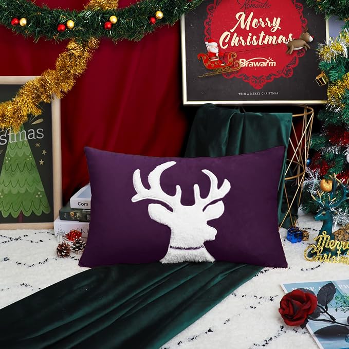 BRAWARM Christmas Pillow Cover 12 X 20 Inches, Purple Reindeer Embroidered Lumbar Pillow Cover, Soft Velvet Decorative Throw Pillow for Couch Bed Sofa Living Room Home