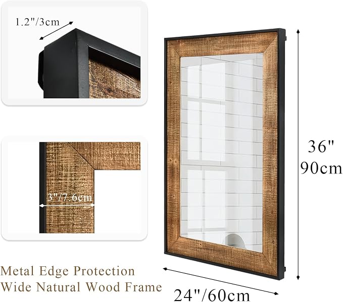 Rustic Solid Wood Wall Mirror 36x24 Inch, Vintage Wood Framed Wall Mirror for Bathroom Over Sink, Living Room, Hallway & Entryway, Farmhouse Style Decorative Mirror
