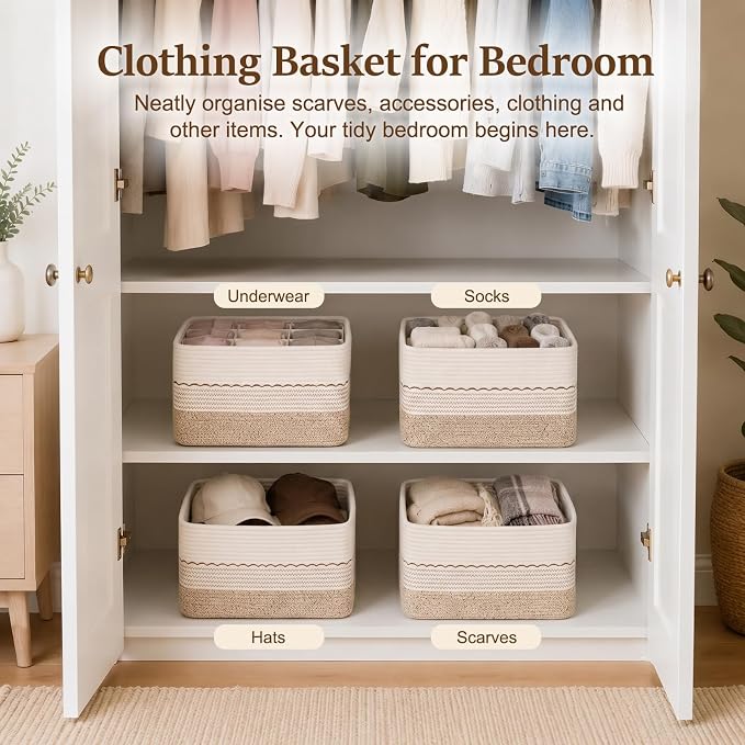 OIASKET 4 Pack Storage Baskets for Organizing, 13"X9"X7.87", Decorative Cotton Rope Baskets for Shelves, Small Woven Basket for Toys, Books and Towels, Brown & White