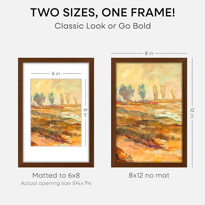 Homeforia 8x12 Brown Oak Picture Frame, High-End Wood, 6x8 Mat, Glass