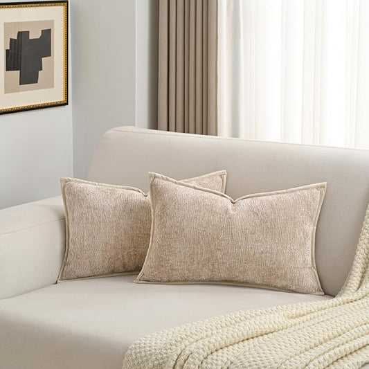 FUTEI Pack of 2 Chenille Soft Throw Pillow Covers 12x20 Inch, Oatmeal