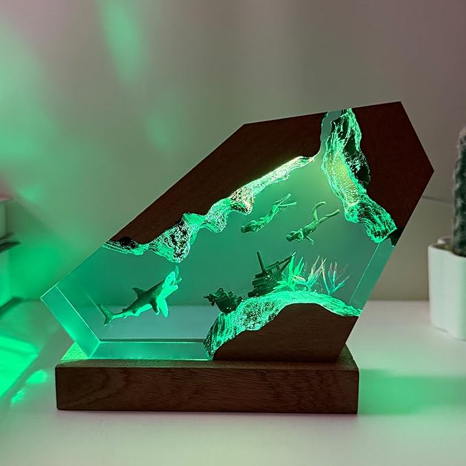 Handmade Shark Resin Lamp with Wooden Base