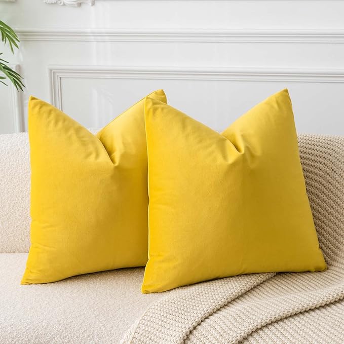16x16 Velvet Throw Pillow Covers Set of 2 for Couch Sofa Bed,Yellow