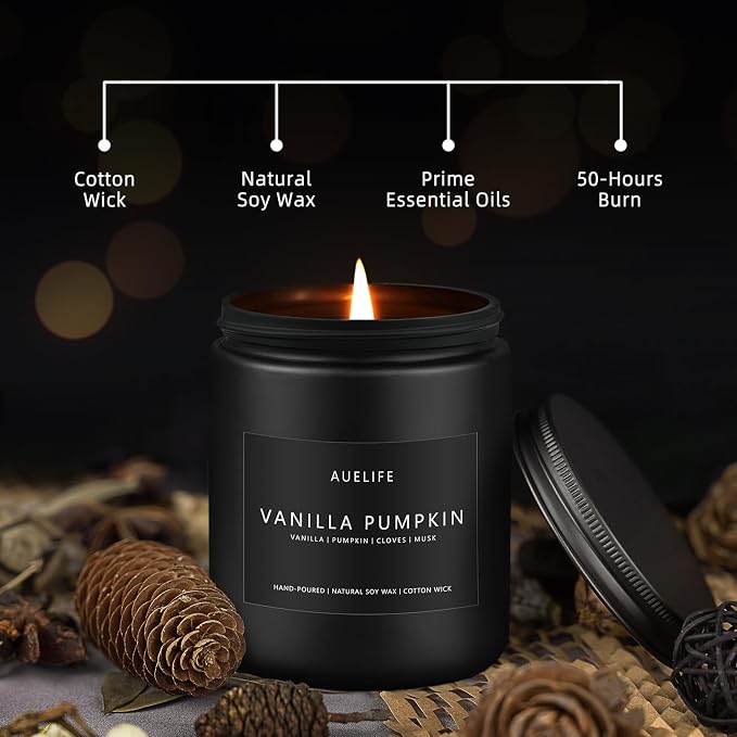 Fall Candle, Vanilla Pumpkin Scented for Home, Soy Wax | Autumn aromatherapy candle; 50-Hour Burn; Fall home decor; Holiday gift for women men