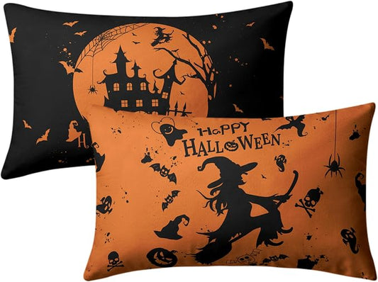 Halloween Lumbar Pillow Covers 12X20 Witch Castle Spider Web Rectangle Pillowcase Set of 2 for Living Room Couch Orange and Black Waist Pillow Covers Halloween Decoration