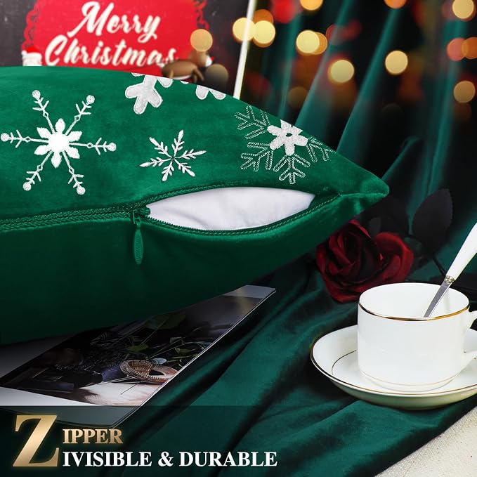 BRAWARM Christmas Pillow Cover 20 X 20 Inches, Christmas Green Snowflake Embroidered Pillow Cover, Soft Velvet Decorative Throw Pillow for Couch Bed Sofa Living Room Home