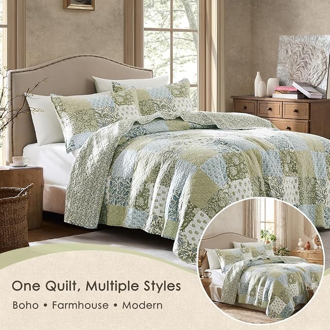 WDCOZY 100% Cotton Reversible Patchwork Quilt Queen Size, Lightweight Farmhouse Vintage Shabby Chic Bedding Set with 2 Pillow Shams, Green Floral Printed Pattern Bedspread Coverlet for All Seasons