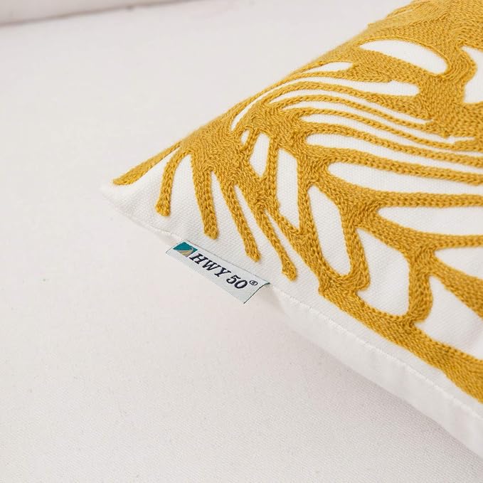 HWY 50 Yellow Decorative Throw Pillow Covers 18x18 Inch (1 Piece), Embroidered Cotton Farmhouse Cushion Cover Pillow Case for Sofa Couch Living Room Bed, Texture