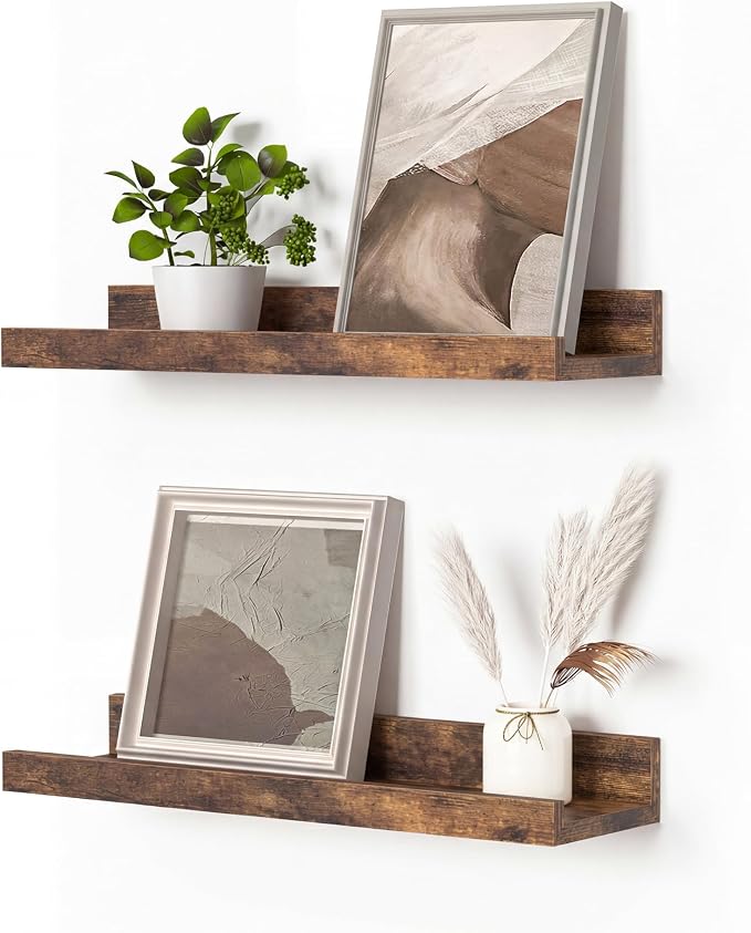 Heimlove Picture Ledge Shelf, Floating Shelves Set of 2, 15.75Inches Picture Shelf for Wall with Ledge, Kids Bookshelf Wall Mounted for Living Room Bedroom Decor Books Photo Frames - Rustic Brown