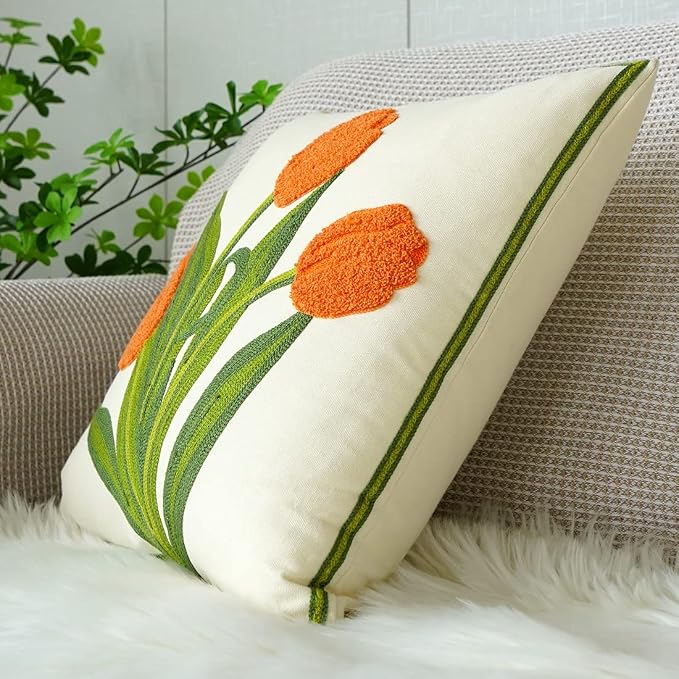 vctops Farmhouse Tulip Cotton Tufted Throw Pillow Cover Spring Floral Embroidery Pillowcase Soft Square Cushion Case for Sofa Couch Bed Chair (Orange,18"x18")