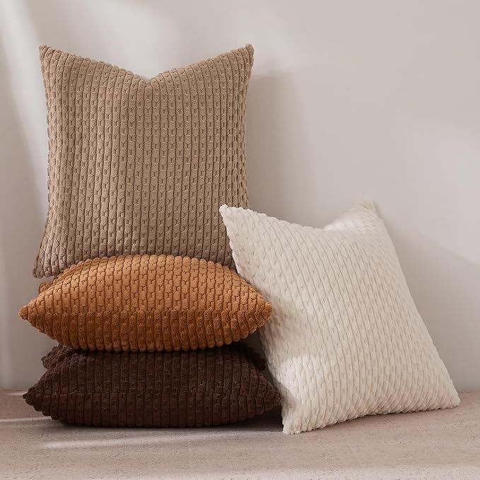 Kevin Textile Decorative Pillow Covers 18x18 Inch Set of 4 Soft Boho Corduroy Throw Pillow Cases Mix and Match Colors Plush Texture Throw Pillows for Sofa Couch Bedroom Home Decor Neutral Brown