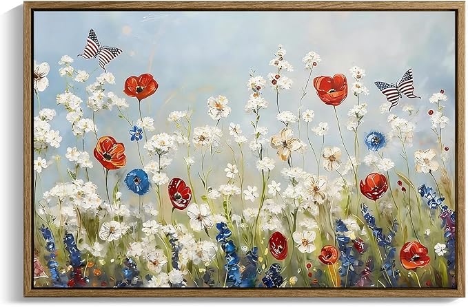 Wildflower Field Framed Canvas Wall Art, 4th of July Canvas prints | Vintage Rustic Landscape Poster Print, Independence Day Wall Decor for Bedroom Living Room 24×32in