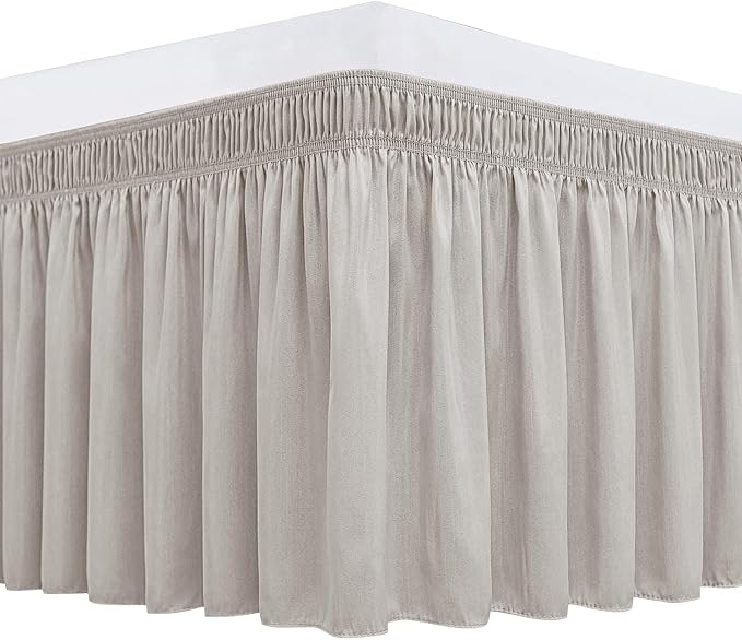 Wrap Around Queen Size Bed Skirt 15" Drop-Elastic Dust Ruffle Camel Grey | Adjustable Pleated Bedskirt-Easy Fit Wrinkle Resistant Washable Hotel Quality Fabric Bed Skirting-Master Guest Bedroom Rental