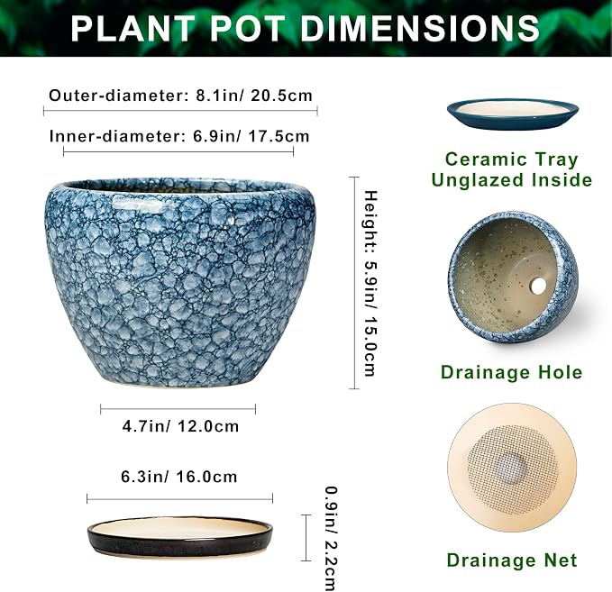 Ceramic Planter Pots - 8 Inch Planters for Indoor Outdoor Plants, Modern Flower Pot with Drainage Hole and Saucer, Round Ceramic Planter, Bookshelf Decor, Gifts for Gardeners, Stone Blue