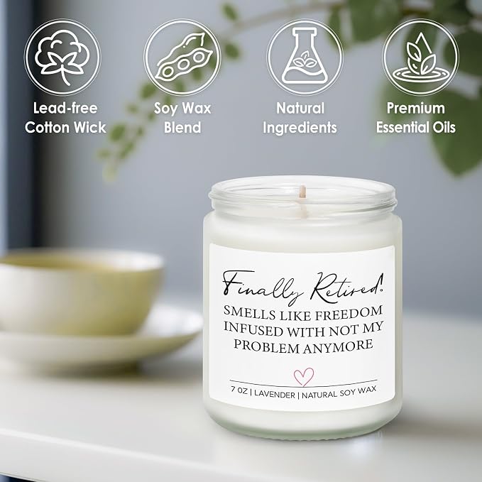 Retirement Gift for Woman, Happy Retirement Candle, Funny Retired Farewell Gifts for Women, Coworkers, Teacher, Nurse, Boss, Friends - Handmade Lavender Natural Soy Wax Candle (7oz)
