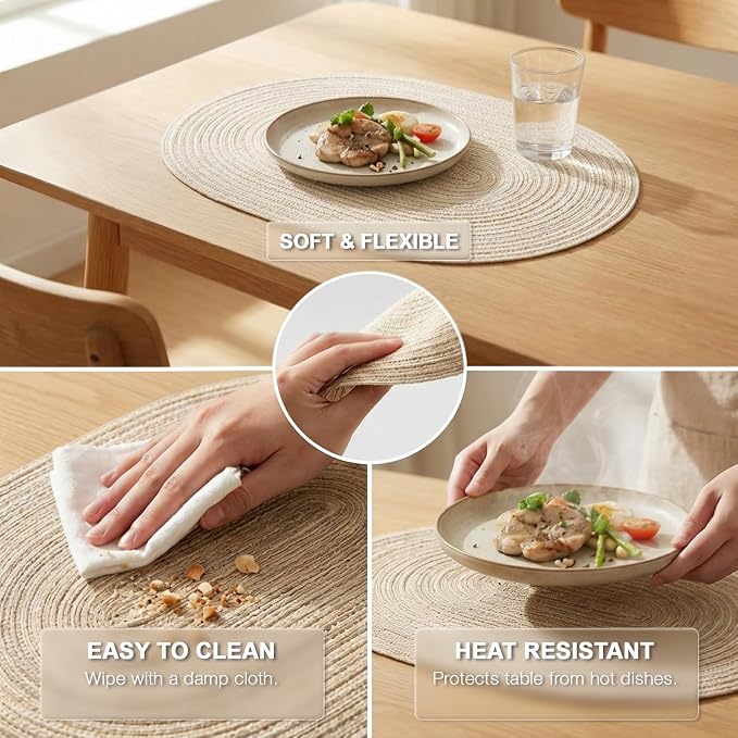 Placemats Set of 6, Woven Oval Braided Dining Table Mats(Beige) | 12 x 17.5 Inch Size Fits Plates and Flatware; Hand Washable and Heat Resistant for Kitchen Use, with Farmhouse and Boho Style