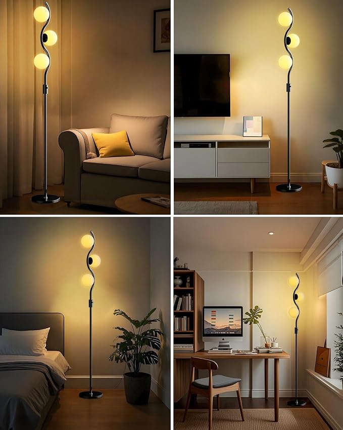 3 Globe Floor Lamp Dimmable Black Floor Lamps with 3 Soft Warm White 3000K Bulbs, Mid Century Modern Standing Tall Lamp with 5Lbs Heavy Basefor Living Room Bedroom Home Decor Sofa Beside