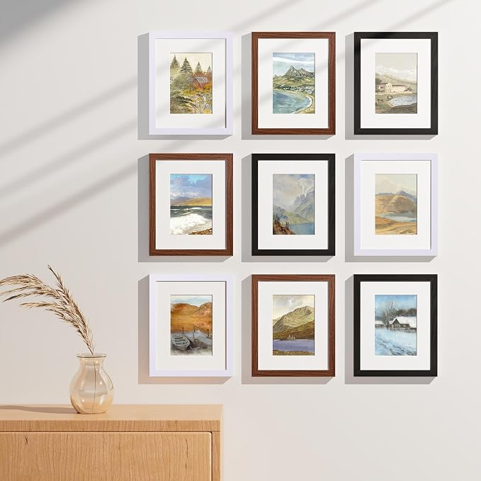 Vittanly 8x10 Picture Frames Set of 9, Black&Walnut Brown&White | Display Pictures 5x7 with Mat or 8x10 without Mat, Small Photo Frames, Engineered Wood with Shatter Resistant Plexiglass