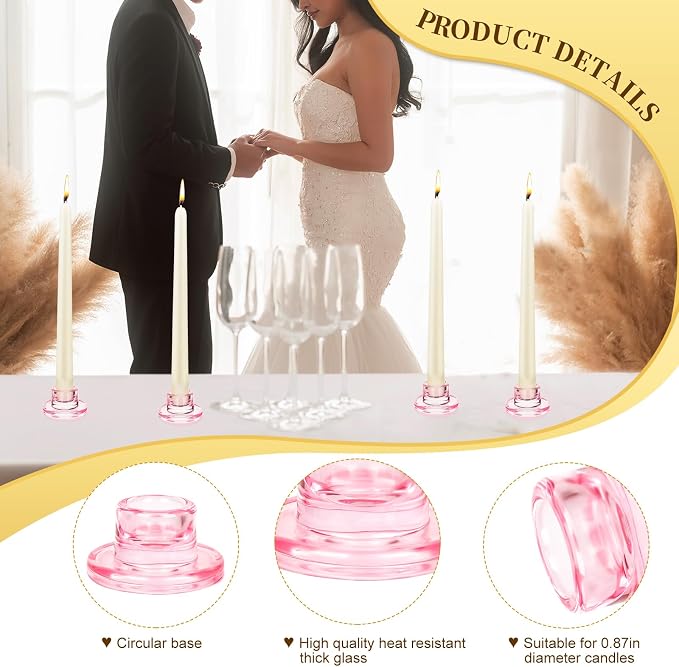 12 PCS Glass Taper Candle Holders Bulk Pink Candlestick Holders Clear Short Tapered Candle Stick Holder Decor Set for Table Centerpiece Wedding Party Advent Christmas Home Decorations