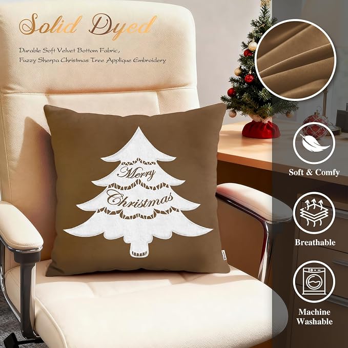 BRAWARM Christmas Pillow Cover 18 X 18 Inches, Brown Christmas Tree Embroidered Pillow Cover, Soft Velvet Decorative Throw Pillow for Couch Bed Sofa Living Room Home