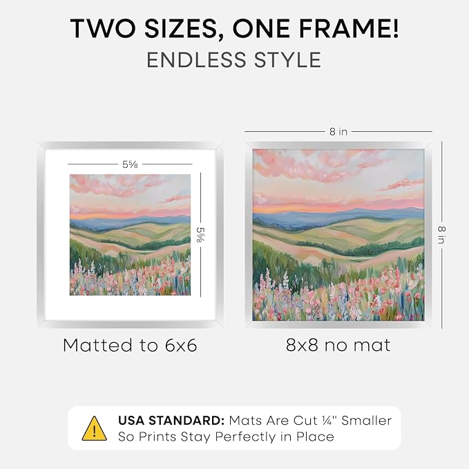 Homeforia 8x8 Silver Picture Frame, High-End Metal, 6x6 Mat, Glass