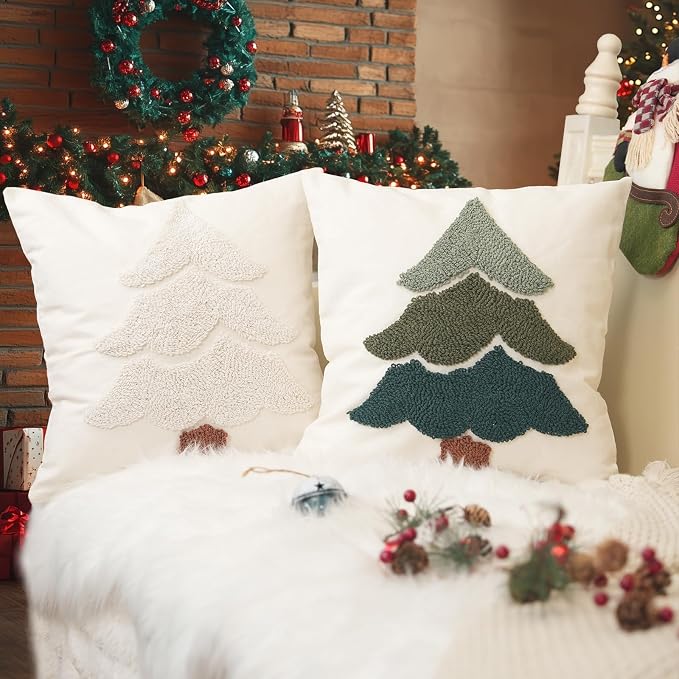 GEEORY Christmas Pillow Covers 18x18 Inch, Canvas Embroidered Xmas Tree Throw Pillows Farmhouse Winter Holiday Decor Cushion Case for Sofa & Bed Home Decorations (Beige) GX004-1-18