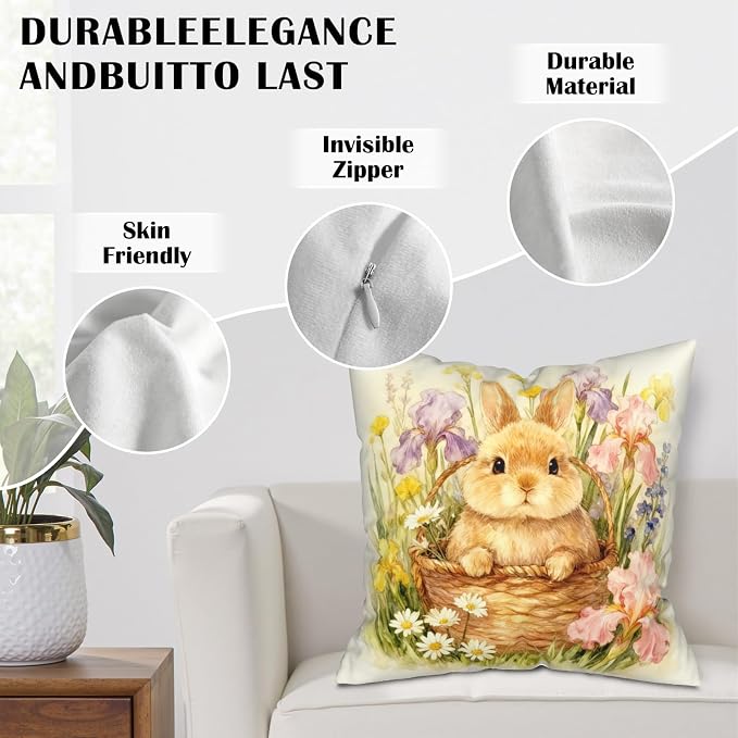Easter Bunny Throw Pillow Covers Spring Watercolor Rabbit Floral Pillow Covers 22x22 Set of 2 Happy Easter Farmhouse Pillow Cases Spring Holiday Cushion Cases for Home Couch