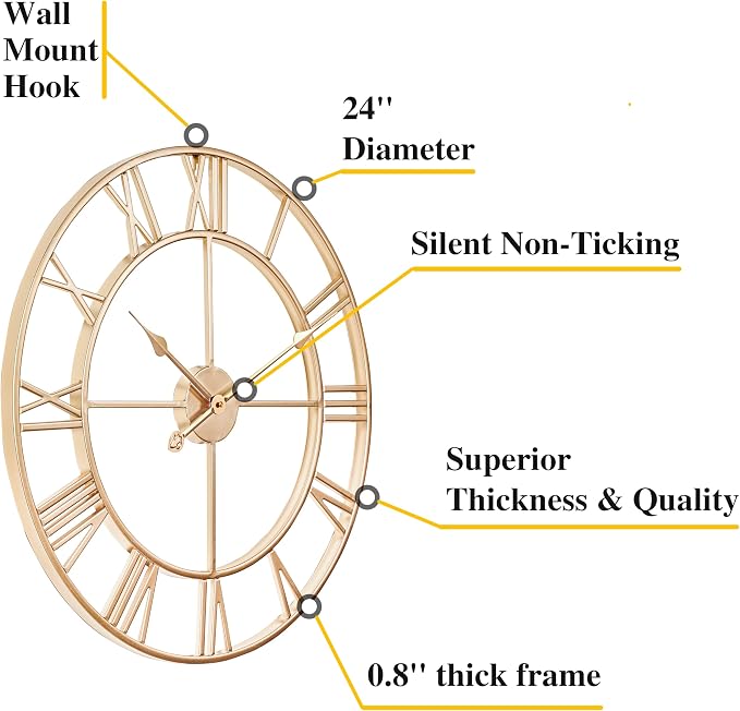CLXEAST Silent 24 Inch Wall Clock for Living Room Decor,Gold Roman Numeral | Non Ticking,Thicker Champagne Gold Metal Wall Clock for Dinning Room,Entryway,Home Office & Fireplace Decor