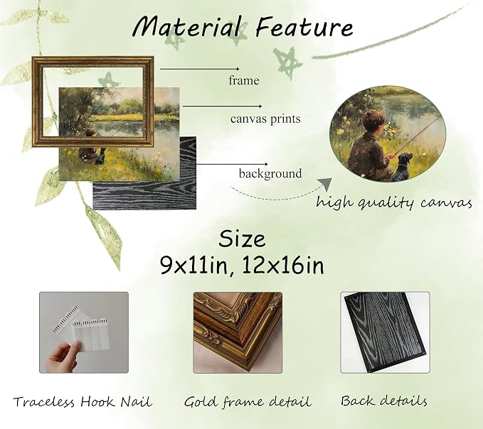 Vintage Gold Framed Wall Art Boy Fishing Country Painting Picture Peaceful Lake Landscape With Dog Wall Decor Rustic Farmhouse Poster Print for Nursery Living Room Bedroom 9x11in
