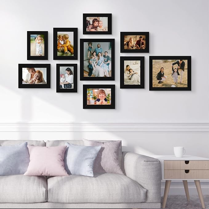 LUCKYLIFE Picture Frame Set 10-Pack, Gallery Wall Frame Collage with 8x10 5x7 4x6 Black Frames