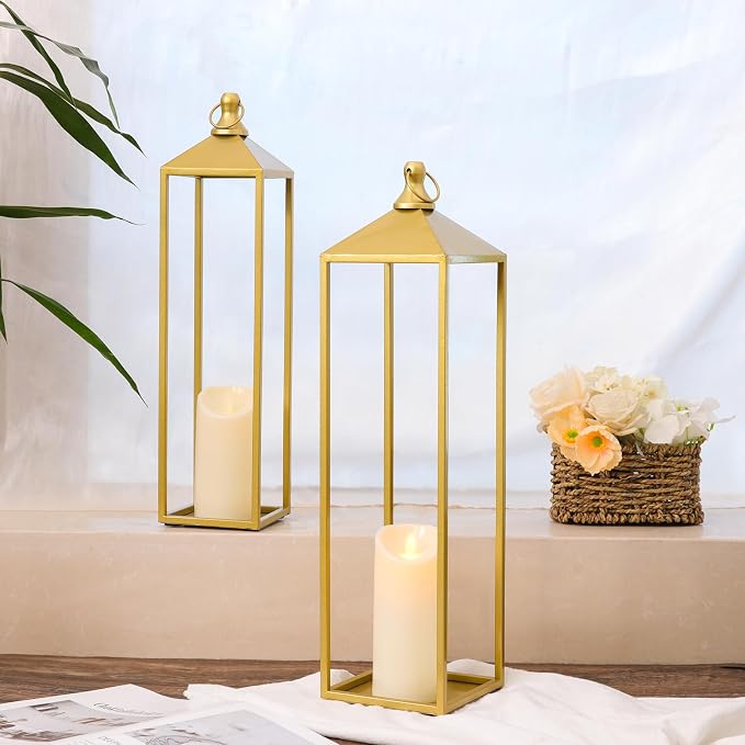 22'' 19'' Large Lanterns Decorative Outdoor Indoor, Set of 2 Gold Lantern | Metal Outdoor Lanterns Decorative for Mantle, Patio, Porch, Garden, Home Decor, No Glass with Candles