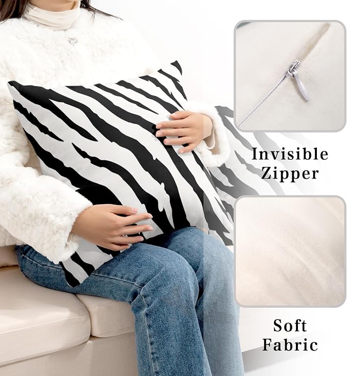 Zebra Striped Printed Throw Pillow Covers 22x22 Black and White Decorative Couch Pillow Covers Abstract Square Art Pillow Cases Home Decor for Sofa Bed in 2 Pcs