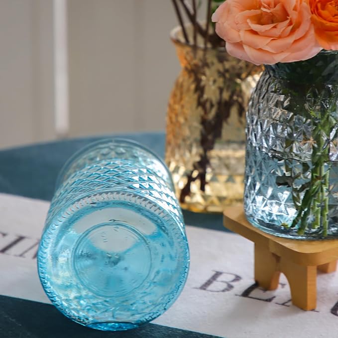 OFFIDIX Glass Vase, 6.2*3.5in Blue Large Mouth Geometric Decor Flower Vase | Decorative Modern Glass Vase, Geometric Faceted Design, Wide Mouth Vase for Centerpieces Weddings Office Housewarming Gift