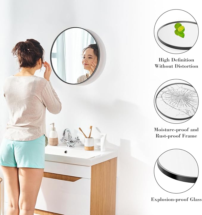 NEWBULIG 20 Inch Round Wall Mirror, Bathroom Mirrors for Over Sink | Metal Framed Circle Vanity Mirror, Wall Decor for Bedroom, Entryway, Anti-Rust, Tempered Glass, Hanging or Leaning, Black