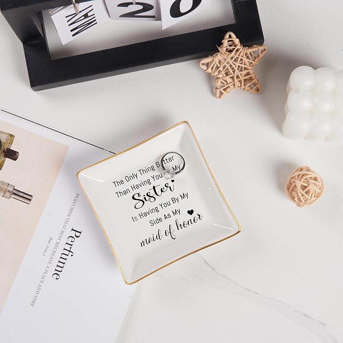 Piudee Bridesmaid Gifts Maid of Honor Proposal Gift Jewelry Dish Trinket Ring Tray - The Only Thing Better ... As My Maid of Honor, Wedding Day Party Gifts for Matron of Honor from Bride
