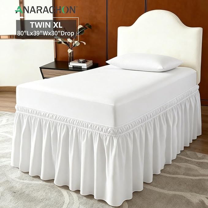 ANARACHON Dorm Bed Skirt Twin XL 30 Inch Drop, 100% Microfiber Extra Long College Dust Ruffle Bedskirt for Adjustable Beds, Elastic Wrap Around Design, White